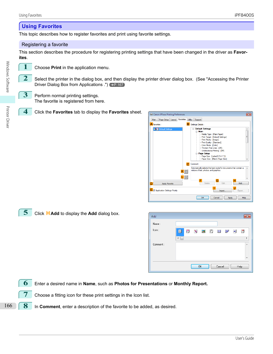 Using favorites, Using favorites (windows), P.166 | Canon imagePROGRAF iPF8400S User Manual | Page 166 / 1004