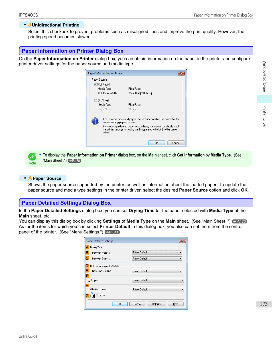 Paper information on printer dialog box, Paper detailed settings dialog box, P.173 | Canon imagePROGRAF iPF8400S User Manual | Page 173 / 1004