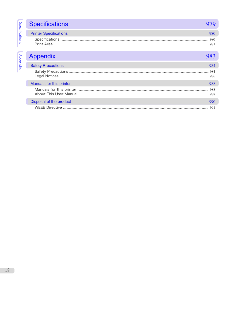 Specifications 979, Appendix 983 | Canon imagePROGRAF iPF8400S User Manual | Page 18 / 1004