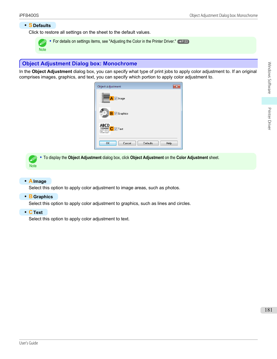 Object adjustment dialog box: monochrome, P.181 | Canon imagePROGRAF iPF8400S User Manual | Page 181 / 1004