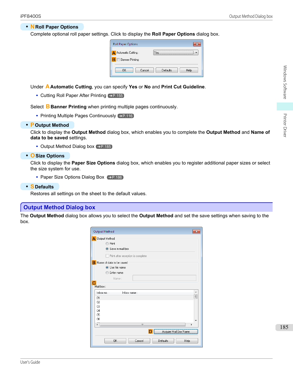 Output method dialog box, P.185 | Canon imagePROGRAF iPF8400S User Manual | Page 185 / 1004