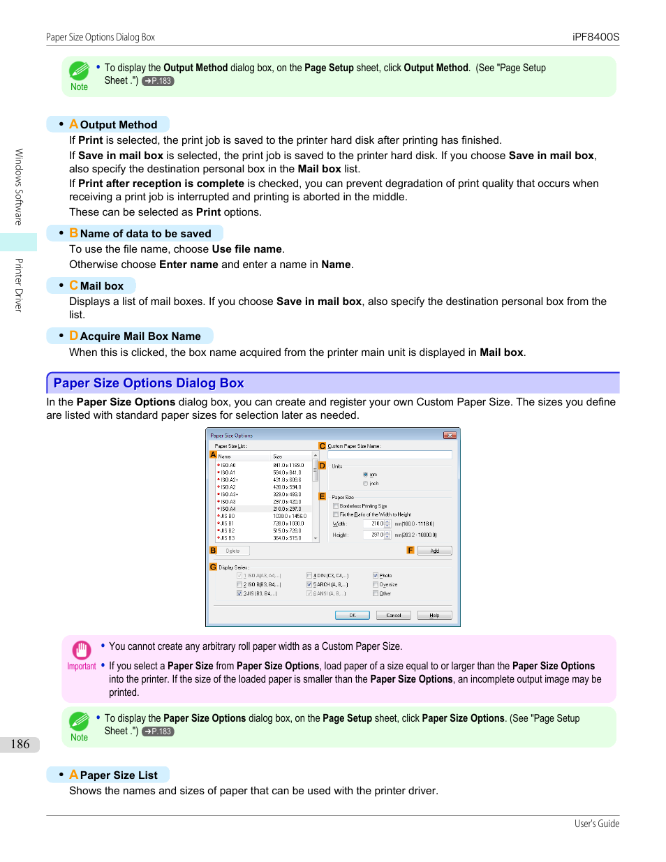 Paper size options dialog box, P.186 | Canon imagePROGRAF iPF8400S User Manual | Page 186 / 1004