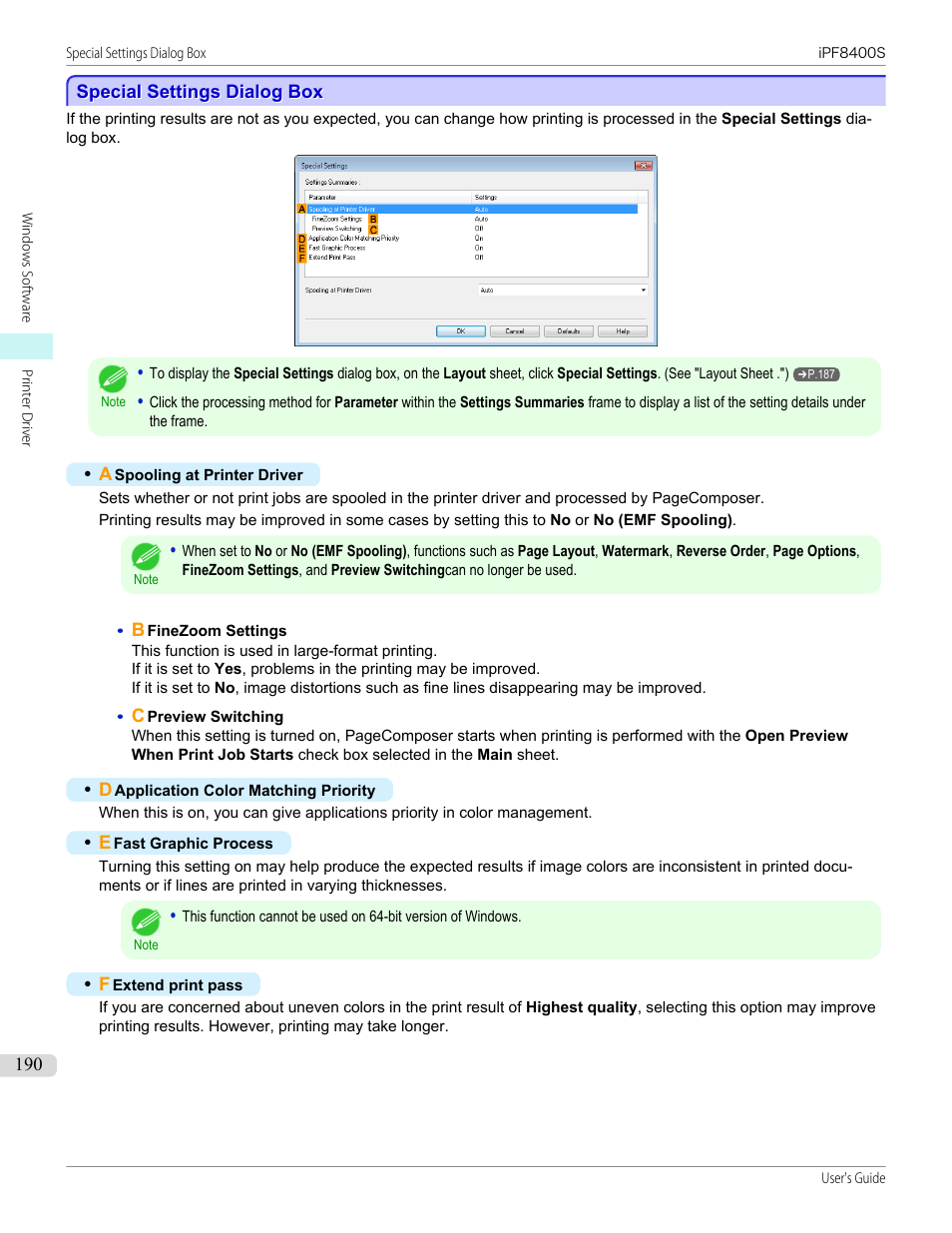 Special settings dialog box, P.190 | Canon imagePROGRAF iPF8400S User Manual | Page 190 / 1004