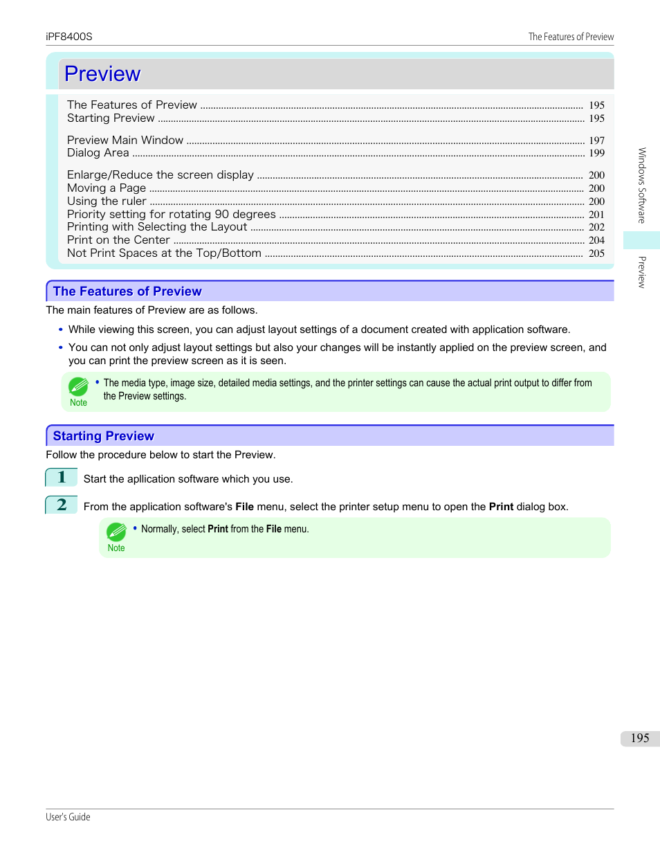 Preview, The features of preview, Starting preview | The features of preview starting preview | Canon imagePROGRAF iPF8400S User Manual | Page 195 / 1004