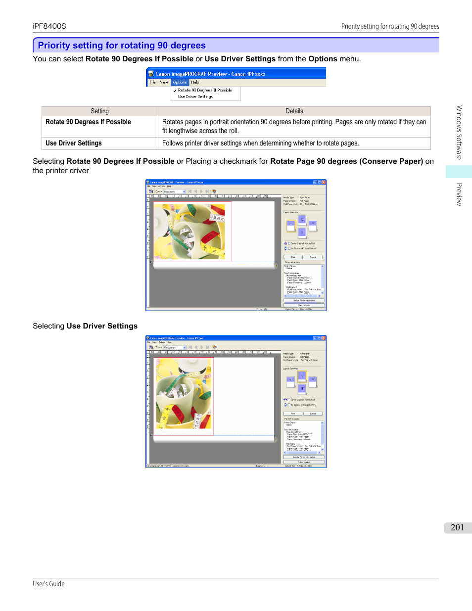 Priority setting for rotating 90 degrees | Canon imagePROGRAF iPF8400S User Manual | Page 201 / 1004