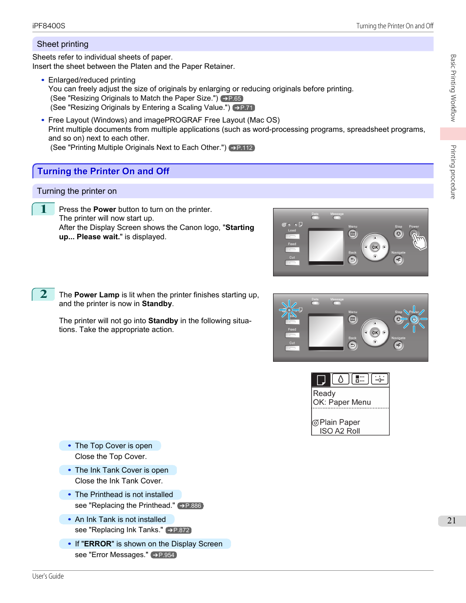 Turning the printer on and off | Canon imagePROGRAF iPF8400S User Manual | Page 21 / 1004