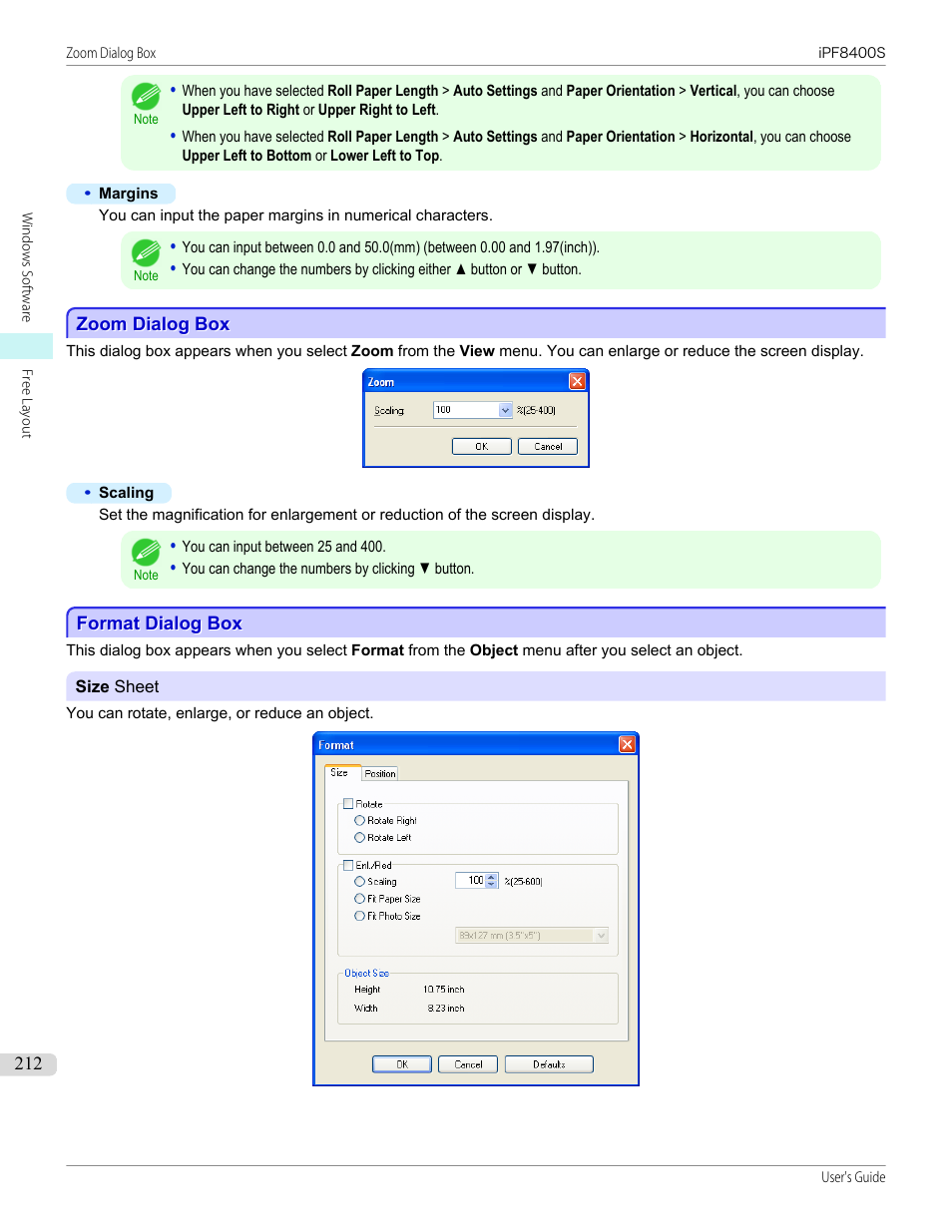 Zoom dialog box, Format dialog box, Zoom dialog box format dialog box | Canon imagePROGRAF iPF8400S User Manual | Page 212 / 1004