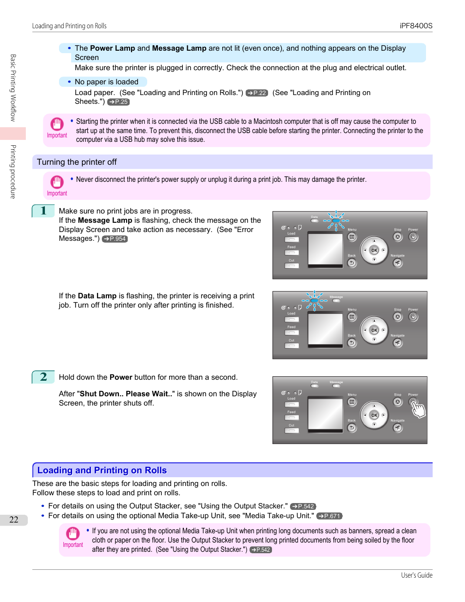 Loading and printing on rolls | Canon imagePROGRAF iPF8400S User Manual | Page 22 / 1004