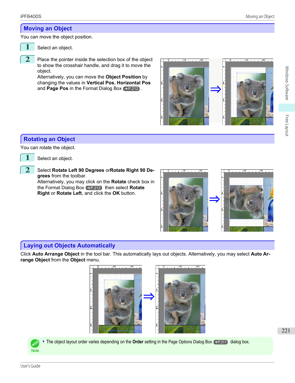 Moving an object, Rotating an object, Laying out objects automatically | Canon imagePROGRAF iPF8400S User Manual | Page 221 / 1004