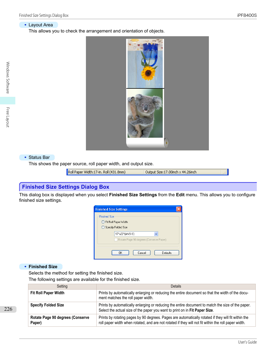 Finished size settings dialog box | Canon imagePROGRAF iPF8400S User Manual | Page 226 / 1004