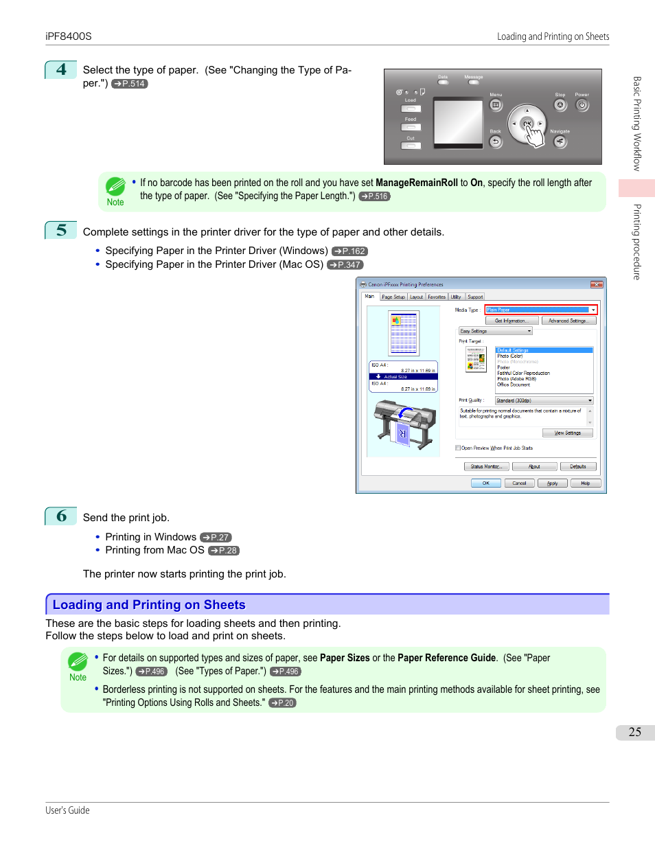 Loading and printing on sheets, See "loading and printing on, Sheets.") | P.25 | Canon imagePROGRAF iPF8400S User Manual | Page 25 / 1004
