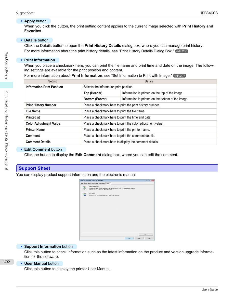 Support sheet, P.258 | Canon imagePROGRAF iPF8400S User Manual | Page 258 / 1004