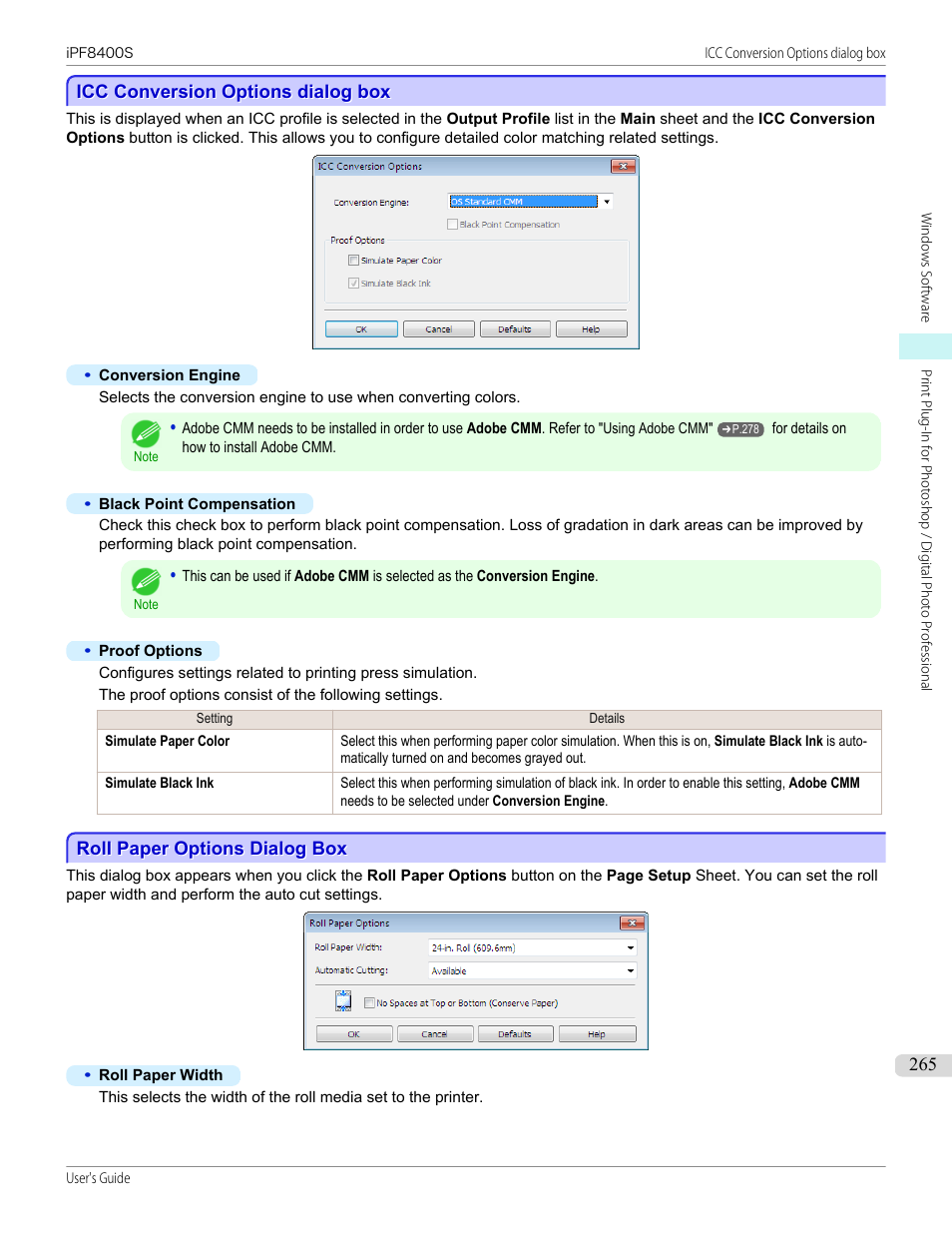 Icc conversion options dialog box, Roll paper options dialog box, P.265 | For details on icc conversion options, See "roll paper options dialog box | Canon imagePROGRAF iPF8400S User Manual | Page 265 / 1004