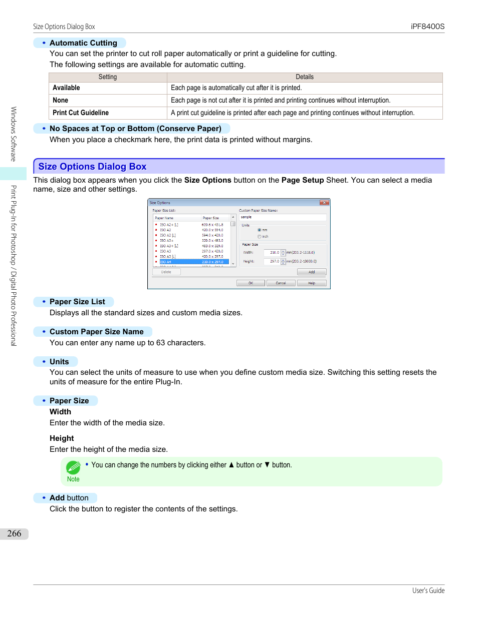 Size options dialog box, P.266 | Canon imagePROGRAF iPF8400S User Manual | Page 266 / 1004