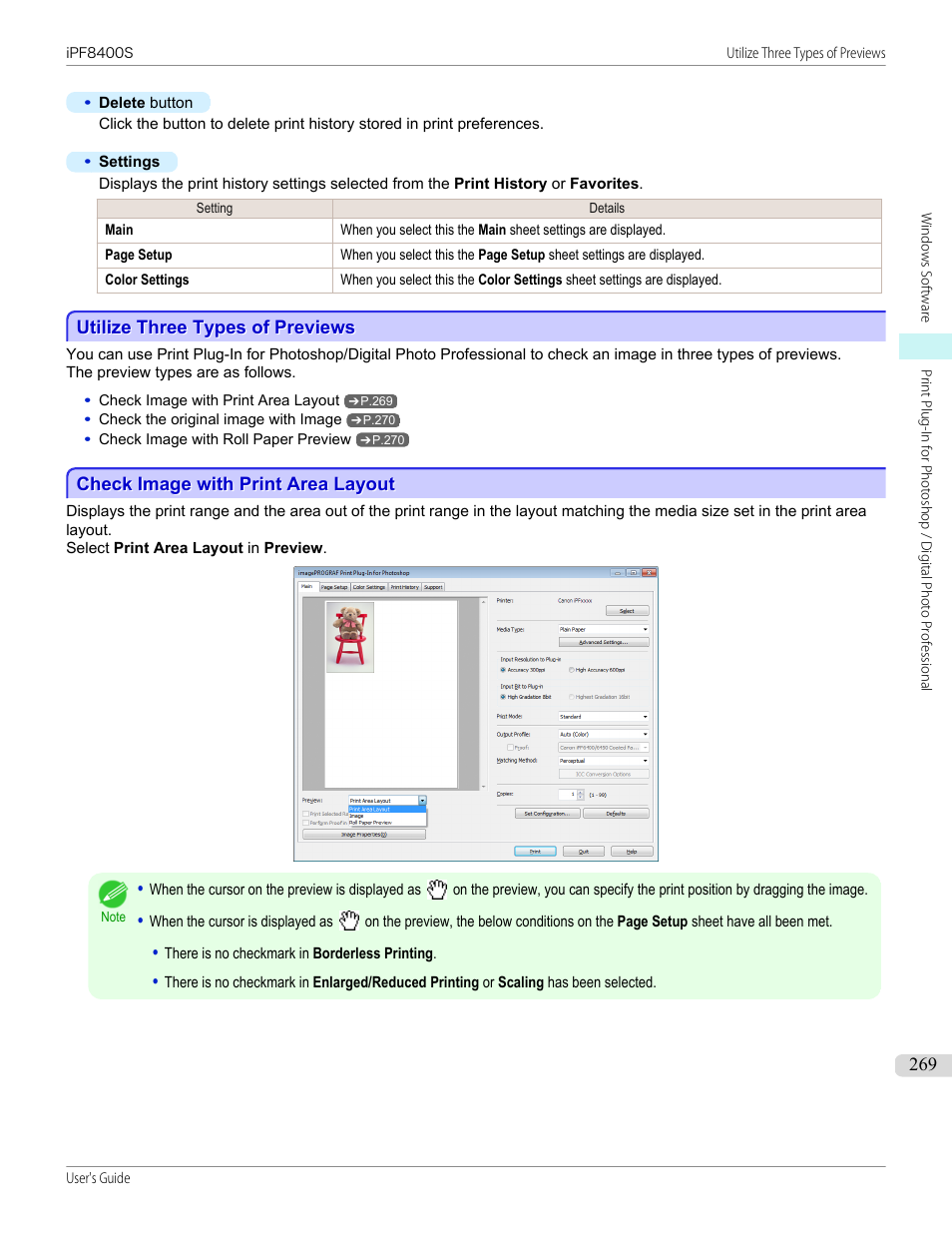 Utilize three types of previews, Check image with print area layout | Canon imagePROGRAF iPF8400S User Manual | Page 269 / 1004