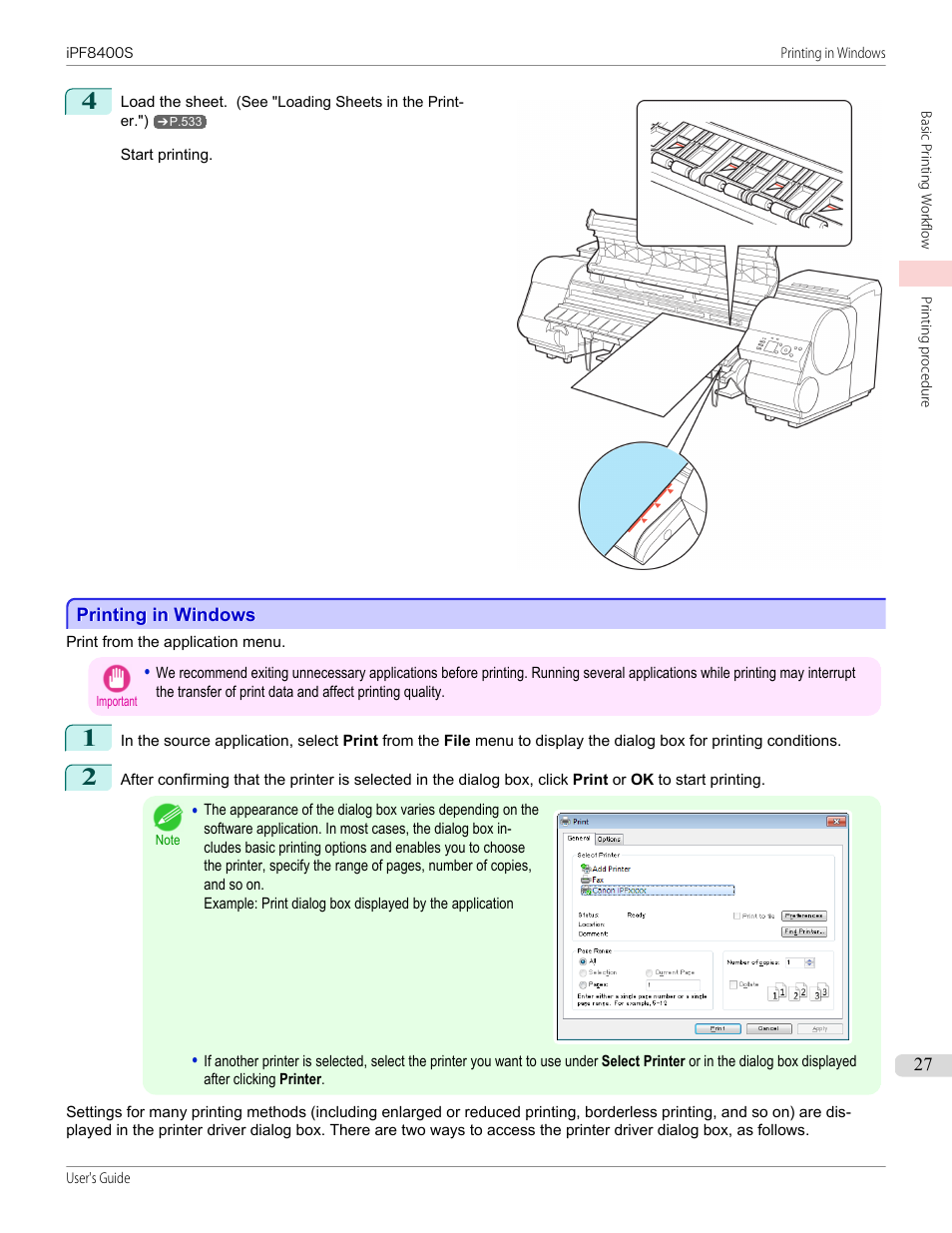 Printing in windows, P.27 | Canon imagePROGRAF iPF8400S User Manual | Page 27 / 1004