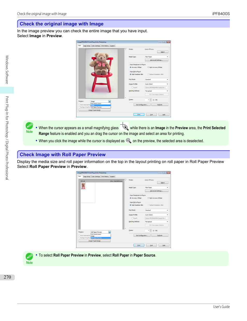 Check the original image with image, Check image with roll paper preview, P.270 | Canon imagePROGRAF iPF8400S User Manual | Page 270 / 1004