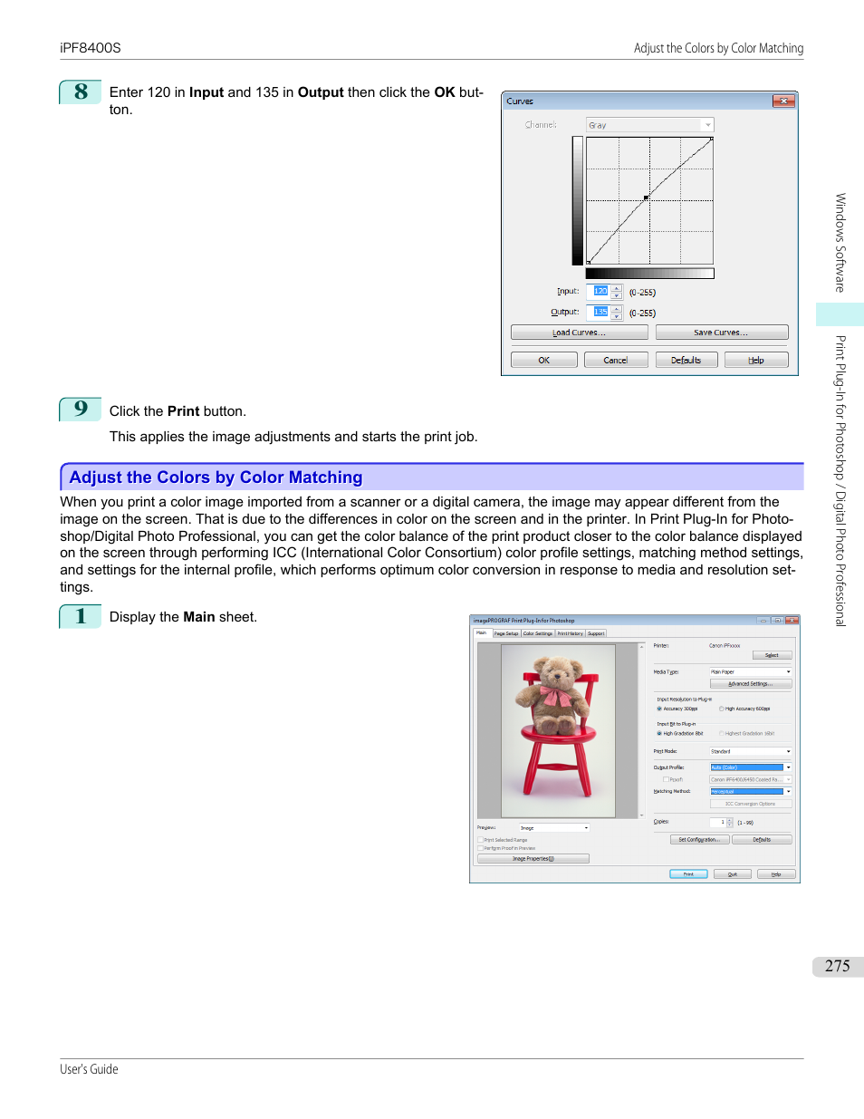 Adjust the colors by color matching, P.275 | Canon imagePROGRAF iPF8400S User Manual | Page 275 / 1004
