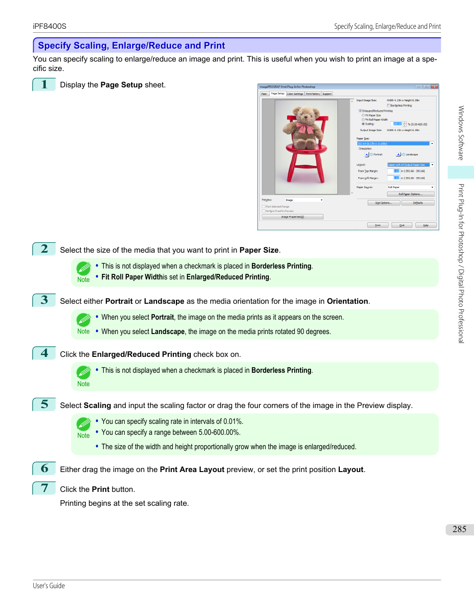 Specify scaling, enlarge/reduce and print, P.285 | Canon imagePROGRAF iPF8400S User Manual | Page 285 / 1004