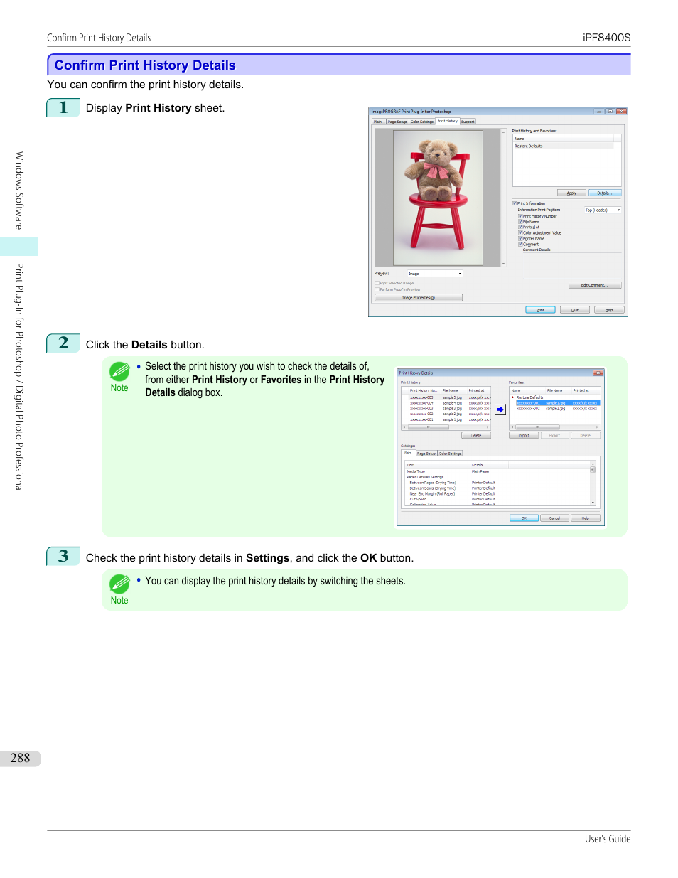 Confirm print history details, P.288 | Canon imagePROGRAF iPF8400S User Manual | Page 288 / 1004