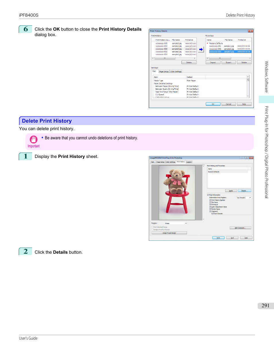 Delete print history, P.291 | Canon imagePROGRAF iPF8400S User Manual | Page 291 / 1004