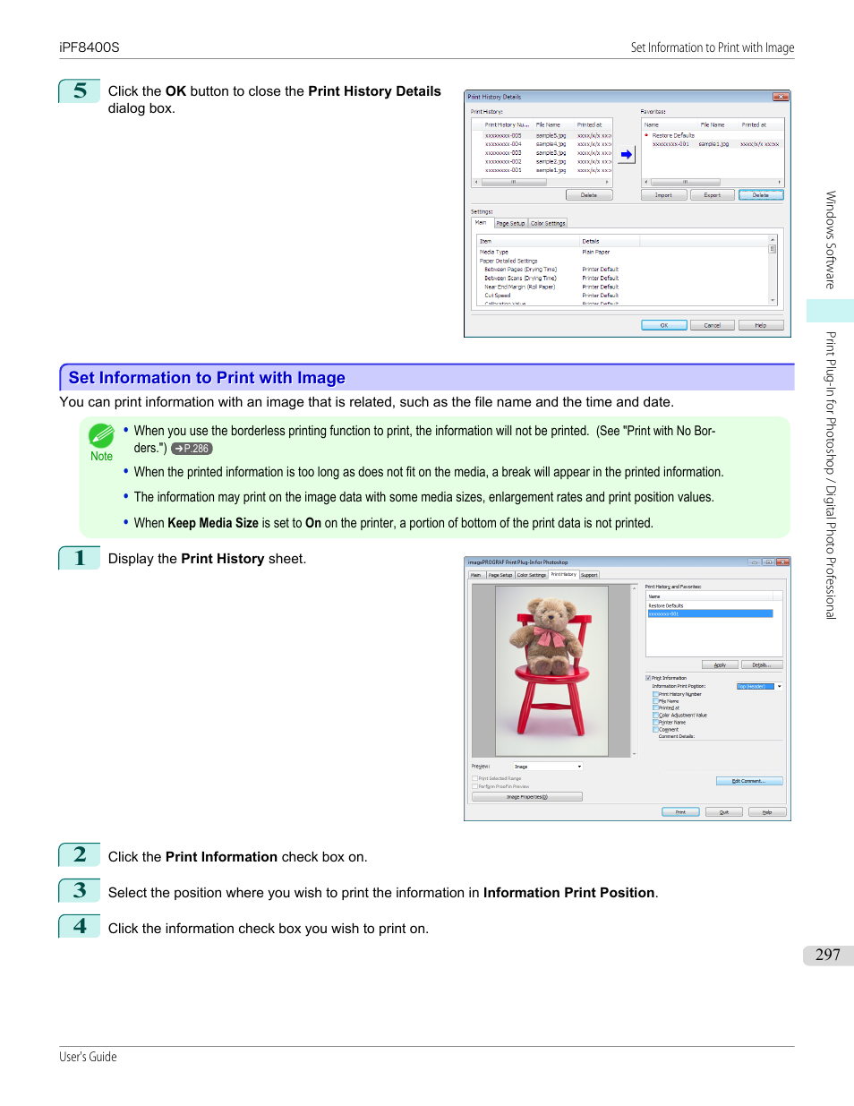 Set information to print with image, See "set information to print with image, P.297 | Canon imagePROGRAF iPF8400S User Manual | Page 297 / 1004