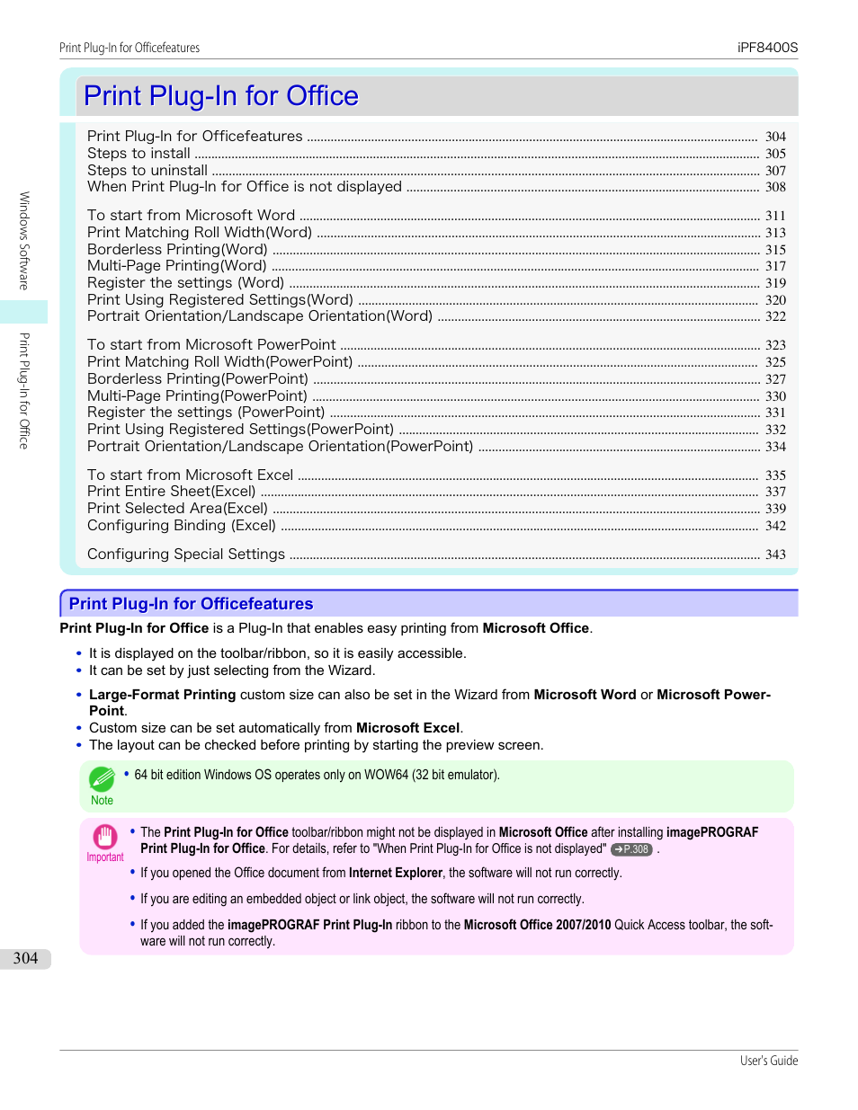 Print plug-in for office, Print plug-in for officefeatures, P.304 | Canon imagePROGRAF iPF8400S User Manual | Page 304 / 1004