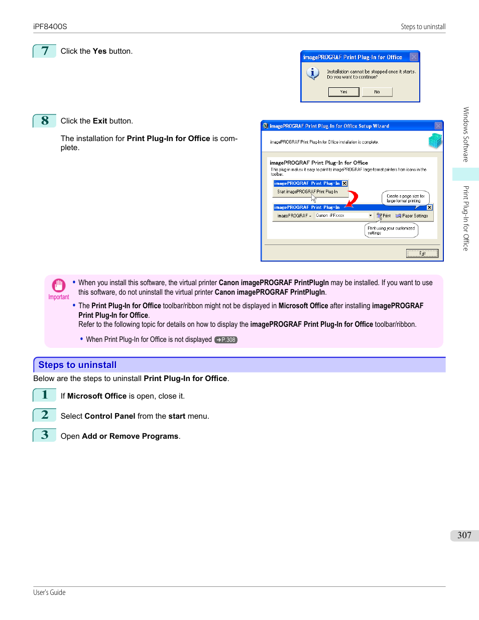 Steps to uninstall | Canon imagePROGRAF iPF8400S User Manual | Page 307 / 1004
