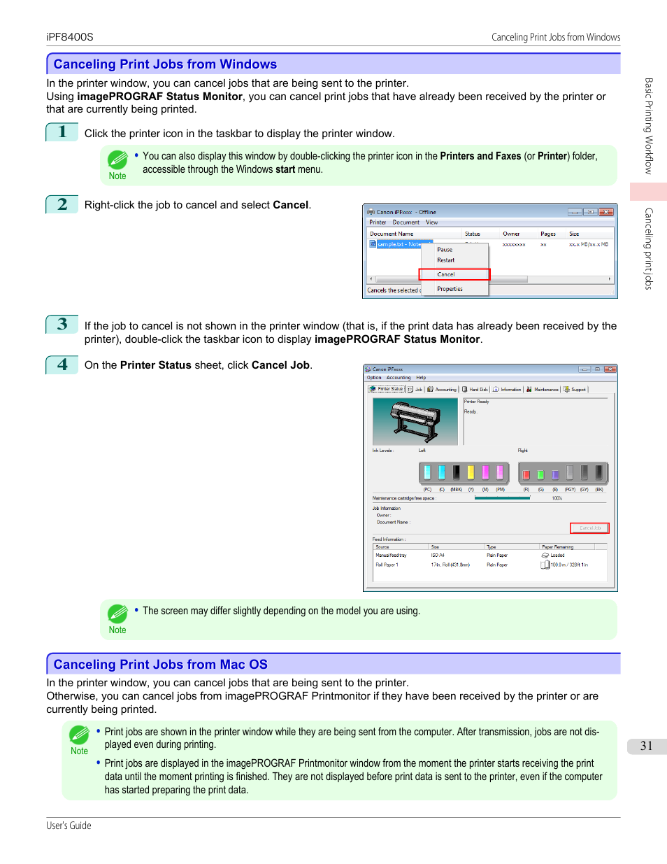 Canceling print jobs from windows, Canceling print jobs from mac os | Canon imagePROGRAF iPF8400S User Manual | Page 31 / 1004