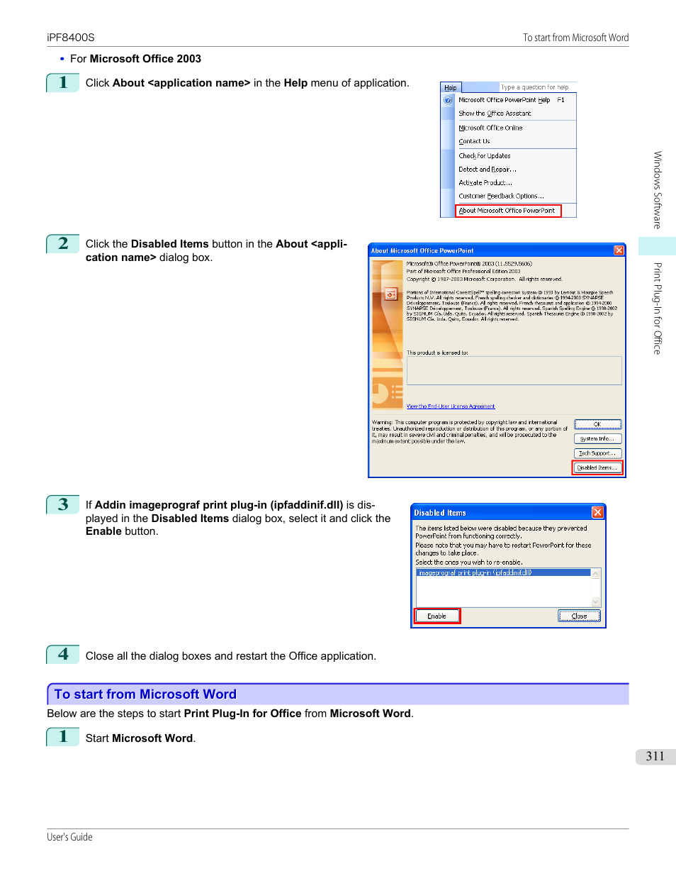 To start from microsoft word | Canon imagePROGRAF iPF8400S User Manual | Page 311 / 1004