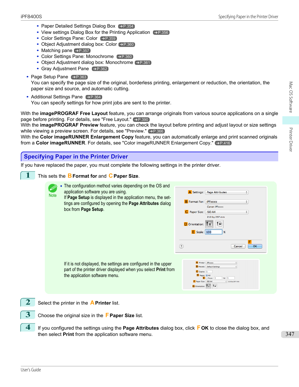 Specifying paper in the printer driver, Specifying paper in the printer driver (mac os), P.347 | Canon imagePROGRAF iPF8400S User Manual | Page 347 / 1004