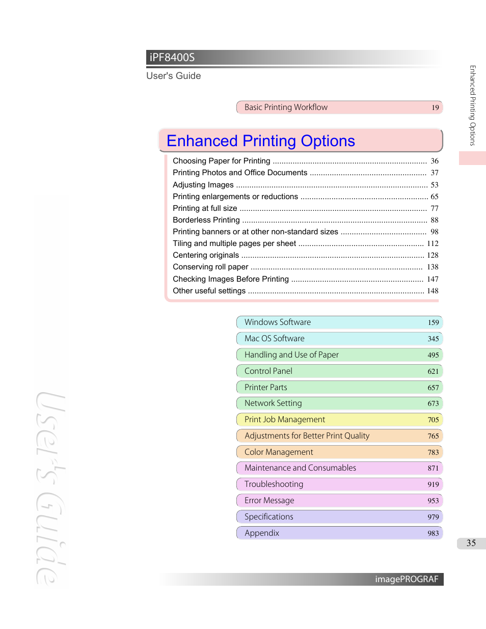 Enhanced printing options, See "enhanced printing op- tions, P.35 | Ipf8400s | Canon imagePROGRAF iPF8400S User Manual | Page 35 / 1004