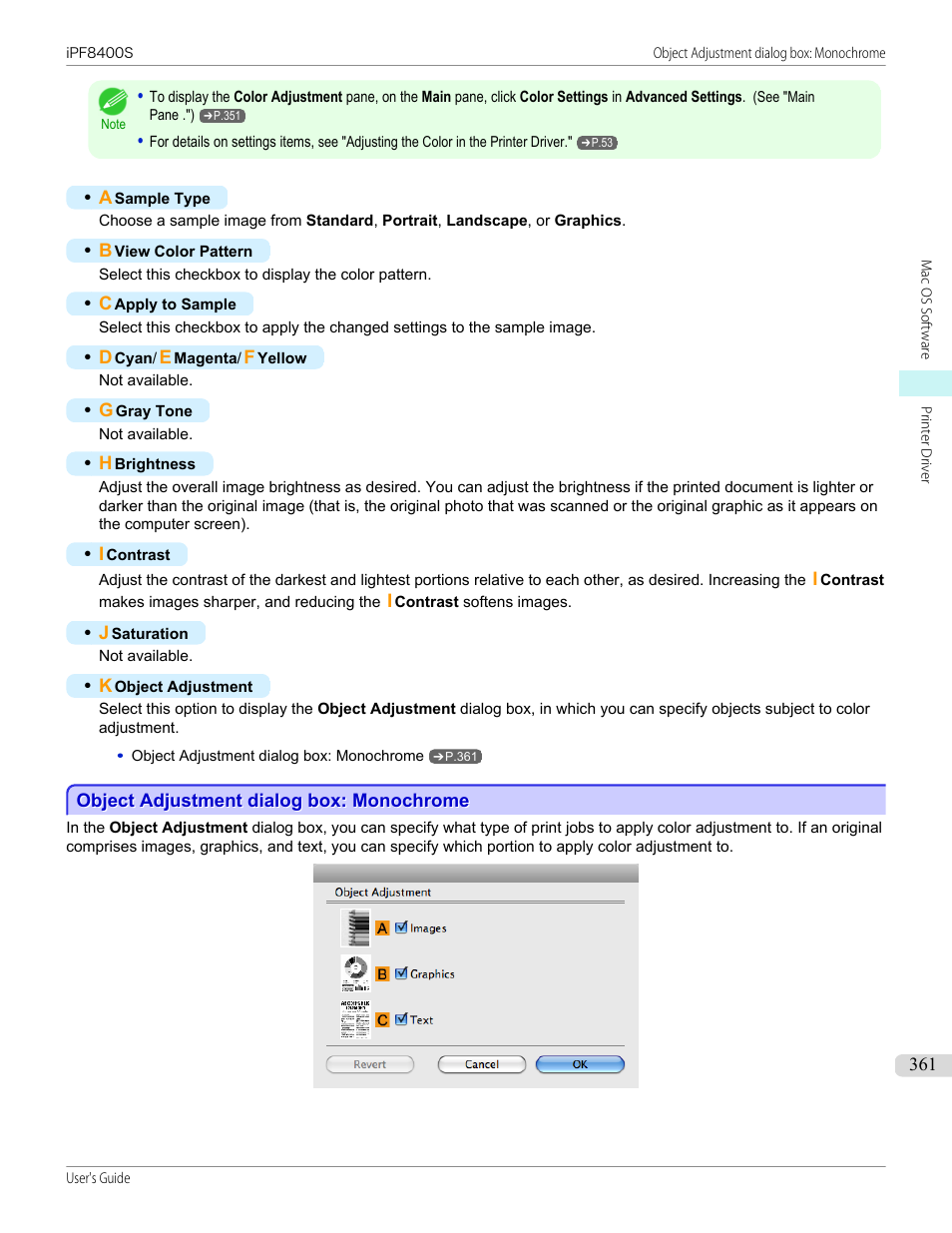 Object adjustment dialog box: monochrome, P.361 | Canon imagePROGRAF iPF8400S User Manual | Page 361 / 1004