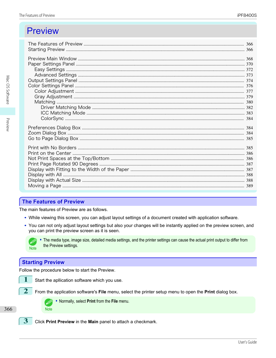 Preview, The features of preview, Starting preview | The features of preview starting preview, P.366 | Canon imagePROGRAF iPF8400S User Manual | Page 366 / 1004