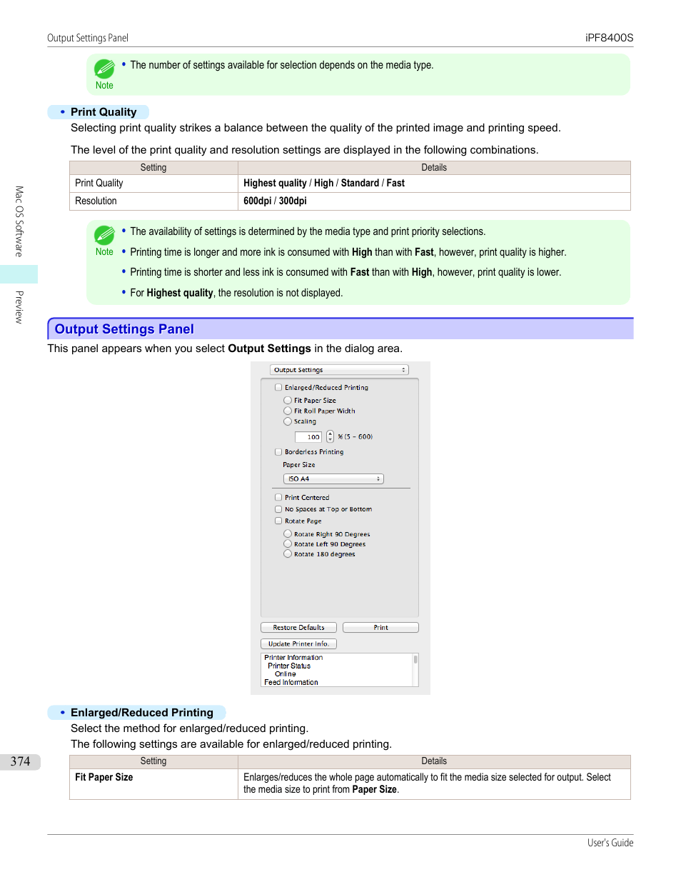 Output settings panel | Canon imagePROGRAF iPF8400S User Manual | Page 374 / 1004