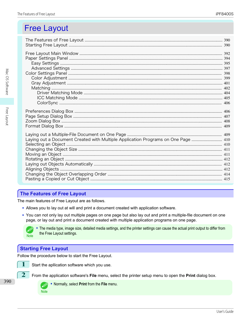 Free layout, The features of free layout, Starting free layout | The features of free layout starting free layout, Functions, see "free layout, P.390 | Canon imagePROGRAF iPF8400S User Manual | Page 390 / 1004