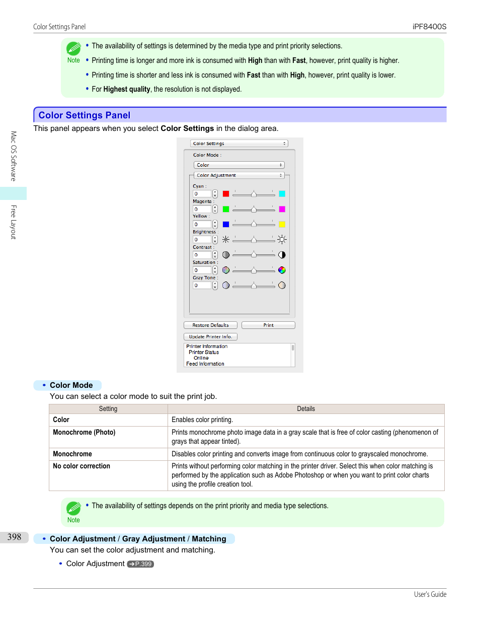 Color settings panel | Canon imagePROGRAF iPF8400S User Manual | Page 398 / 1004