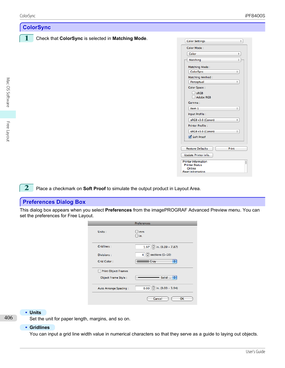 Colorsync, Preferences dialog box, P.406 | Canon imagePROGRAF iPF8400S User Manual | Page 406 / 1004