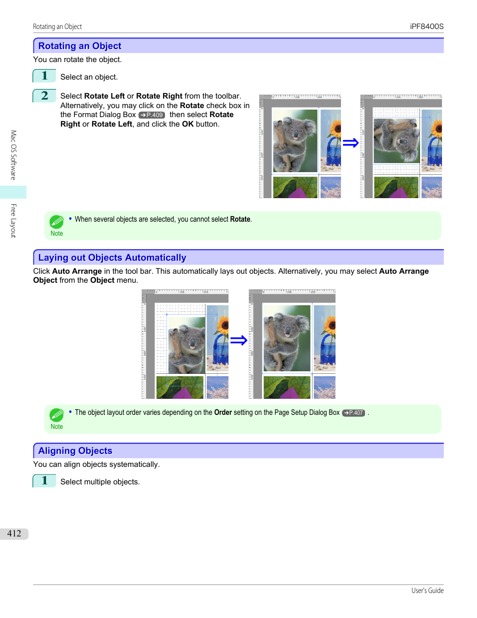 Rotating an object, Laying out objects automatically, Aligning objects | Canon imagePROGRAF iPF8400S User Manual | Page 412 / 1004