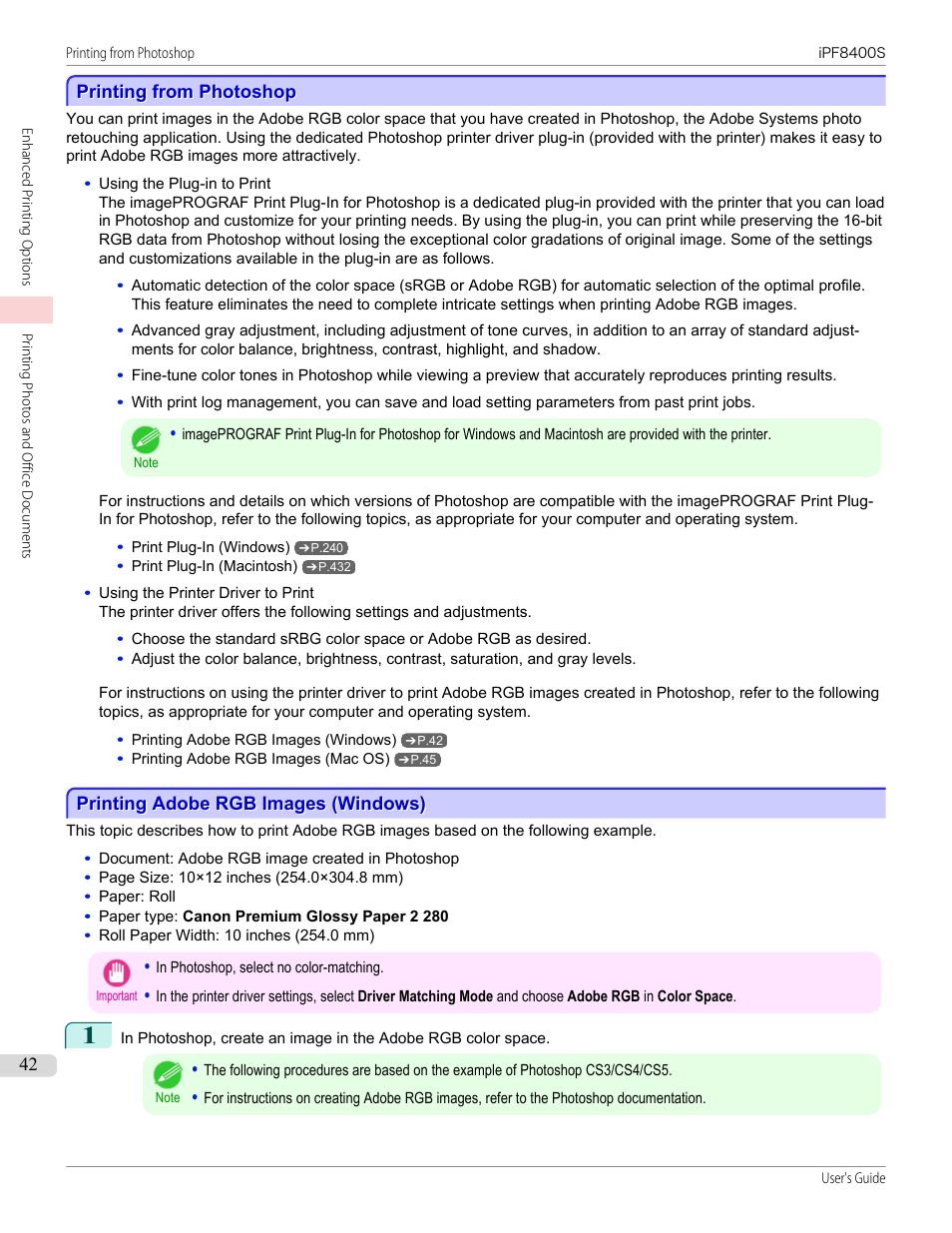 Printing from photoshop, Printing adobe rgb images (windows) | Canon imagePROGRAF iPF8400S User Manual | Page 42 / 1004