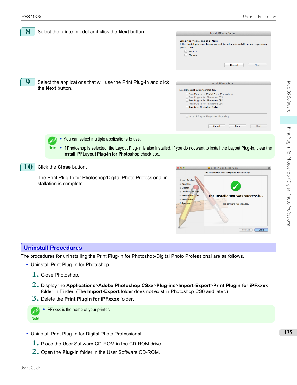 Uninstall procedures | Canon imagePROGRAF iPF8400S User Manual | Page 435 / 1004