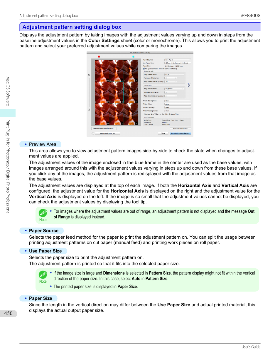 Adjustment pattern setting dialog box, See "adjustment pattern setting dialog box."), P.450 | See "adjustment pattern setting dialog box | Canon imagePROGRAF iPF8400S User Manual | Page 450 / 1004