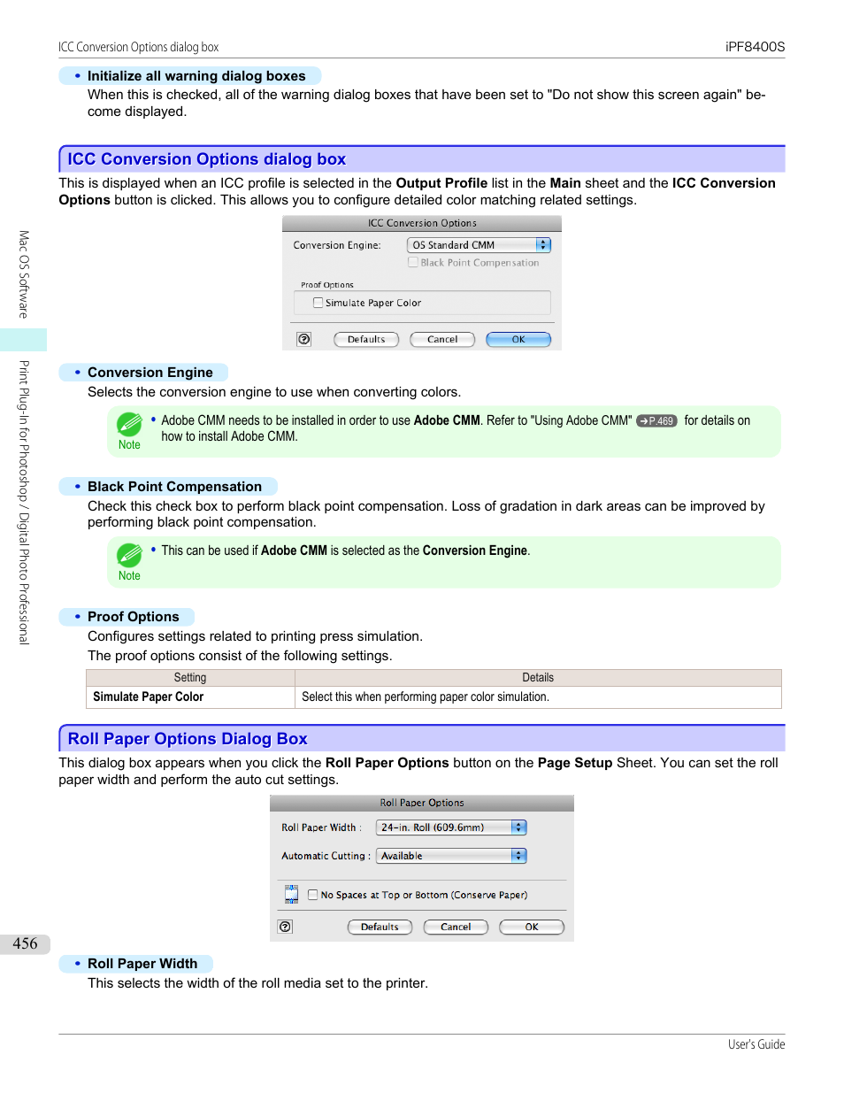 Icc conversion options dialog box, Roll paper options dialog box, P.456 | For details on icc conversion options, See "roll paper options dialog box | Canon imagePROGRAF iPF8400S User Manual | Page 456 / 1004