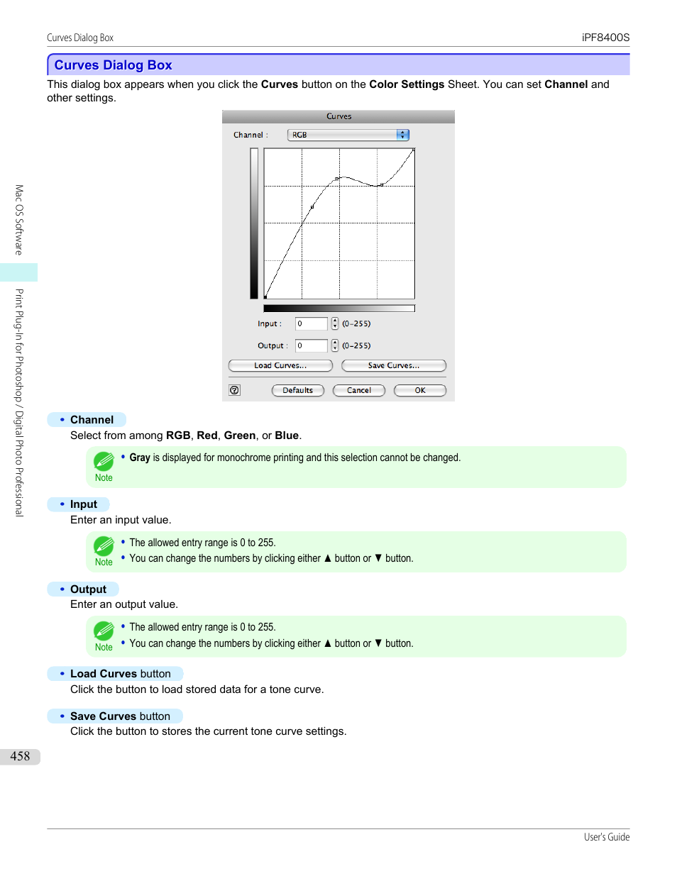 Curves dialog box, See "curves dialog box, P.458 | Canon imagePROGRAF iPF8400S User Manual | Page 458 / 1004