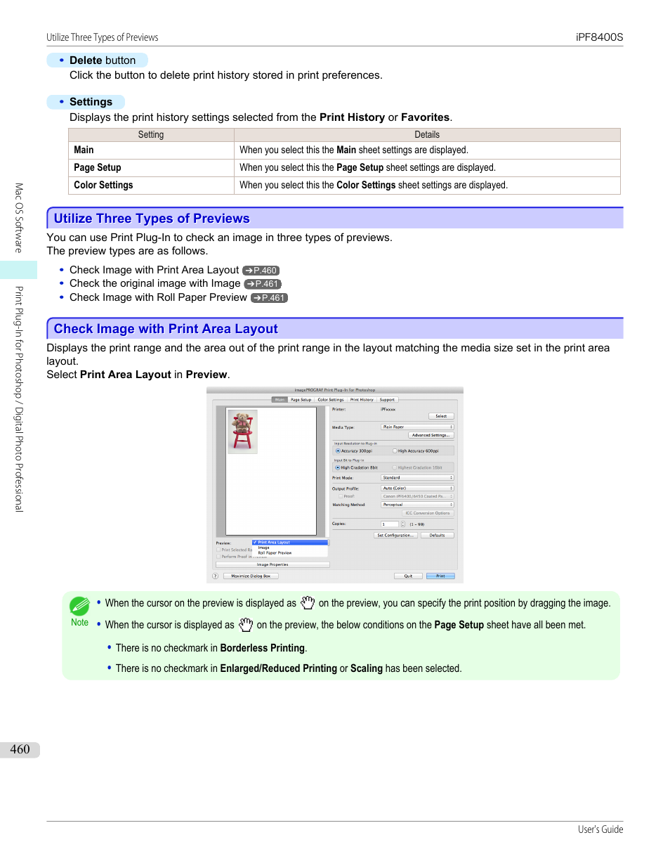 Utilize three types of previews, Check image with print area layout | Canon imagePROGRAF iPF8400S User Manual | Page 460 / 1004