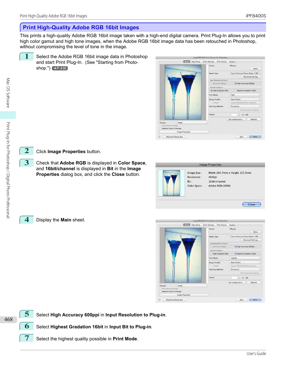 Print high-quality adobe rgb 16bit images, P.468 | Canon imagePROGRAF iPF8400S User Manual | Page 468 / 1004