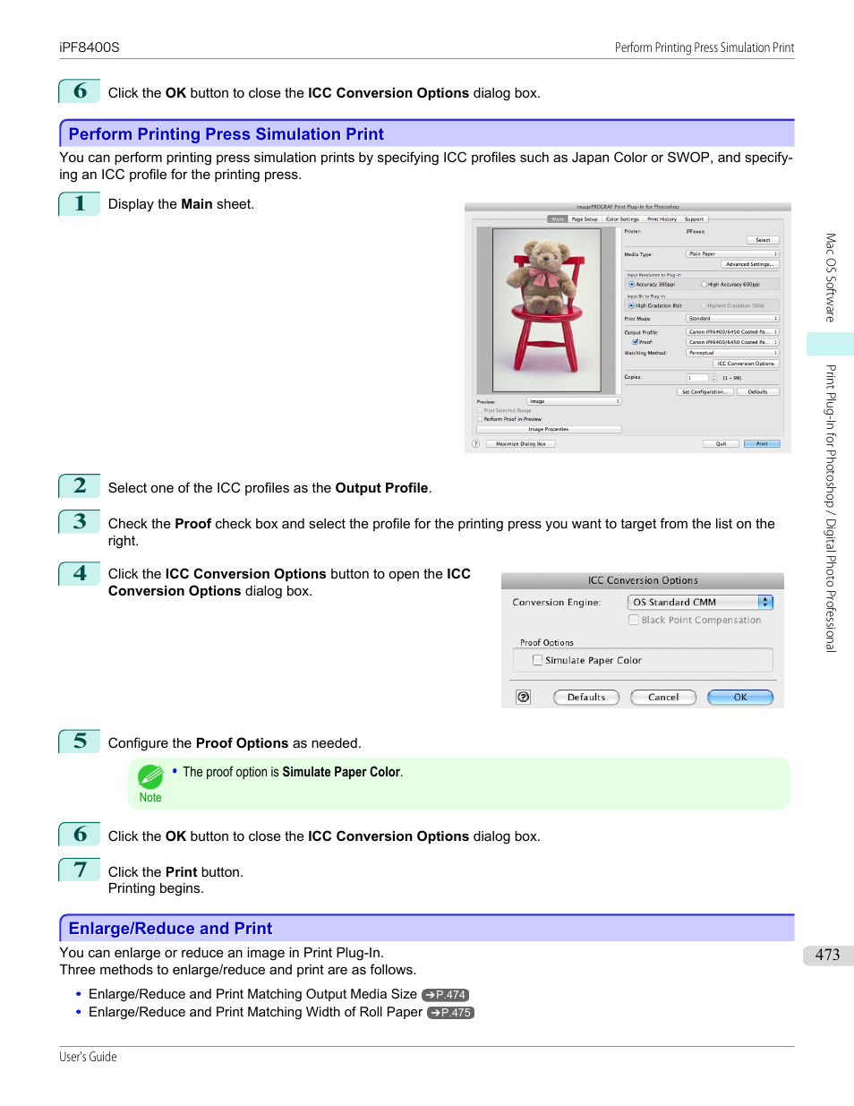Perform printing press simulation print, Enlarge/reduce and print, P.473 | Canon imagePROGRAF iPF8400S User Manual | Page 473 / 1004