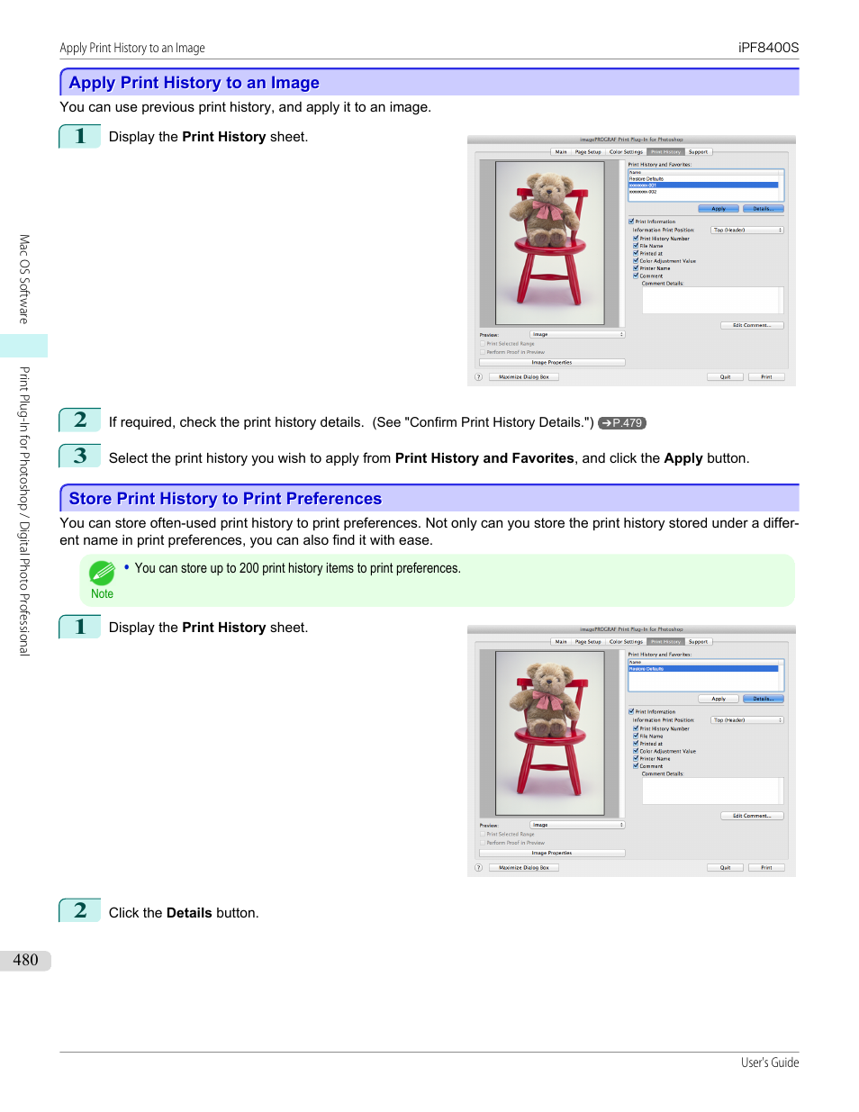 Apply print history to an image, Store print history to print preferences, P.480 | Canon imagePROGRAF iPF8400S User Manual | Page 480 / 1004