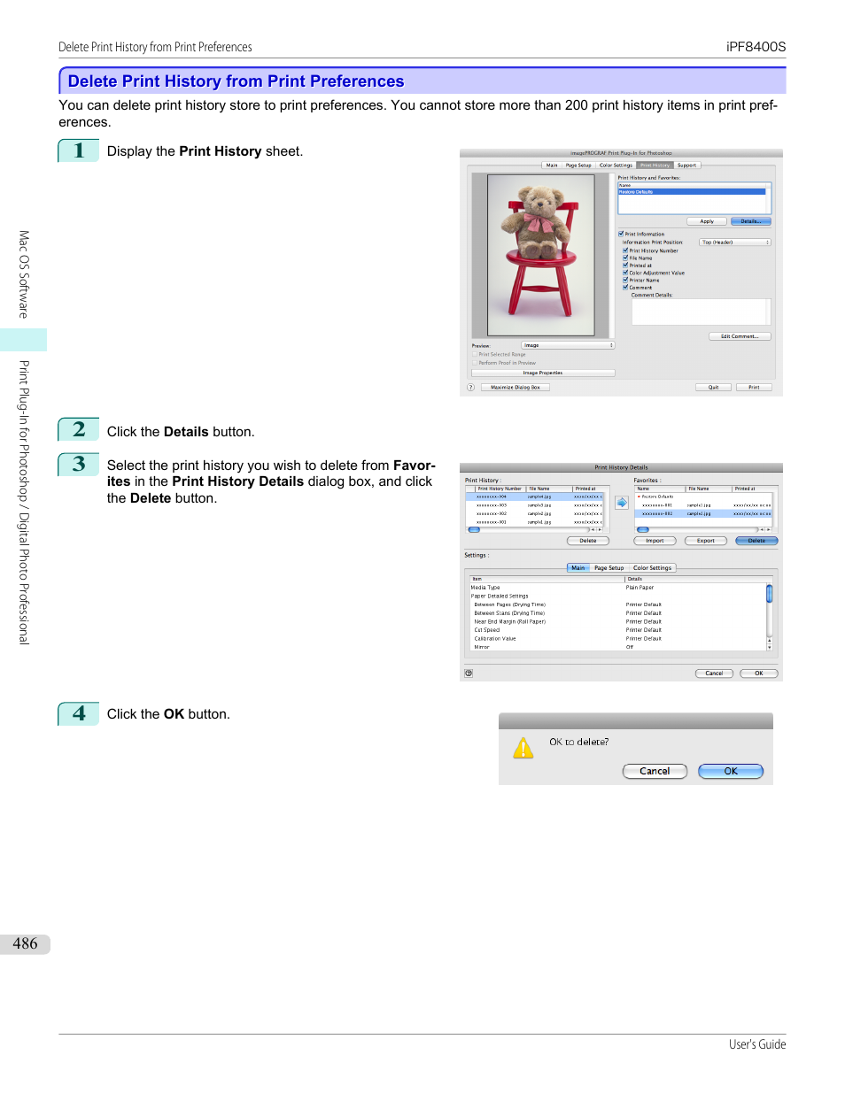 Delete print history from print preferences, P.486 | Canon imagePROGRAF iPF8400S User Manual | Page 486 / 1004
