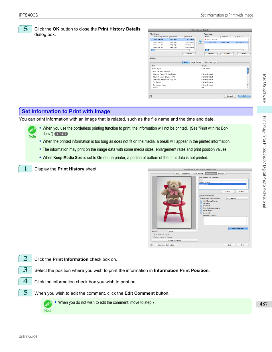 Set information to print with image, See "set information to print with image, P.487 | Canon imagePROGRAF iPF8400S User Manual | Page 487 / 1004